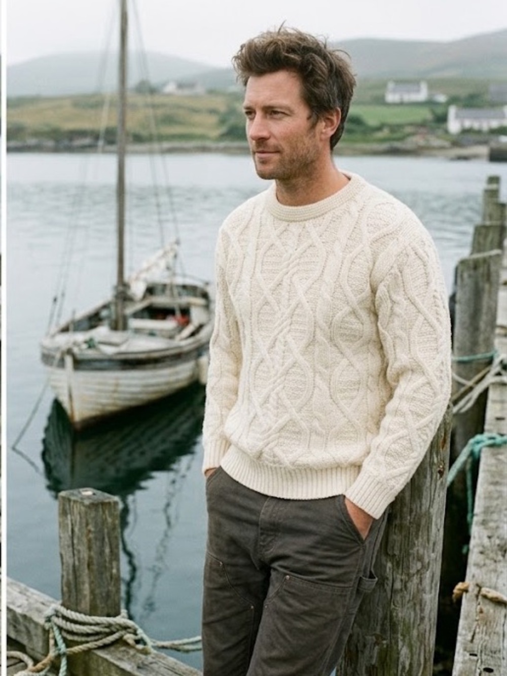 The Irish Store Merino Wool Cable Knit Sweater Ivory Medium Unisex Aran